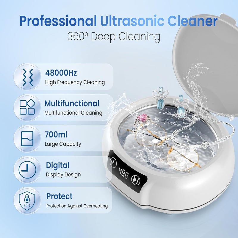 KUNPHY Ultrasonic Jewelry Cleaner, 700ml(24.5 0z) 48KHz Jewelry Cleaner Machine with 3 Digital Timers, Ultrasonic Cleaning Machine for Glasses, Rings, Diamond, Necklaces - Image 2